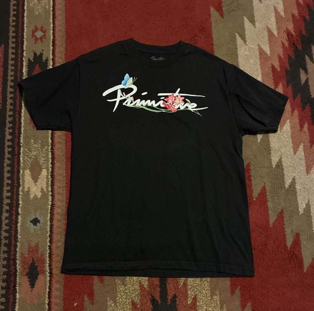 Primitive Skateboarding Butterfly Flower Script Black T-Shirt